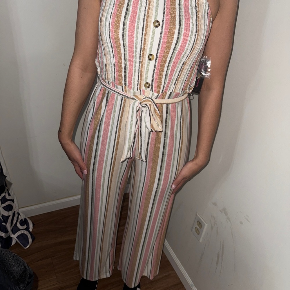 Zara Pink and White Jumpsuit with Tie Waist